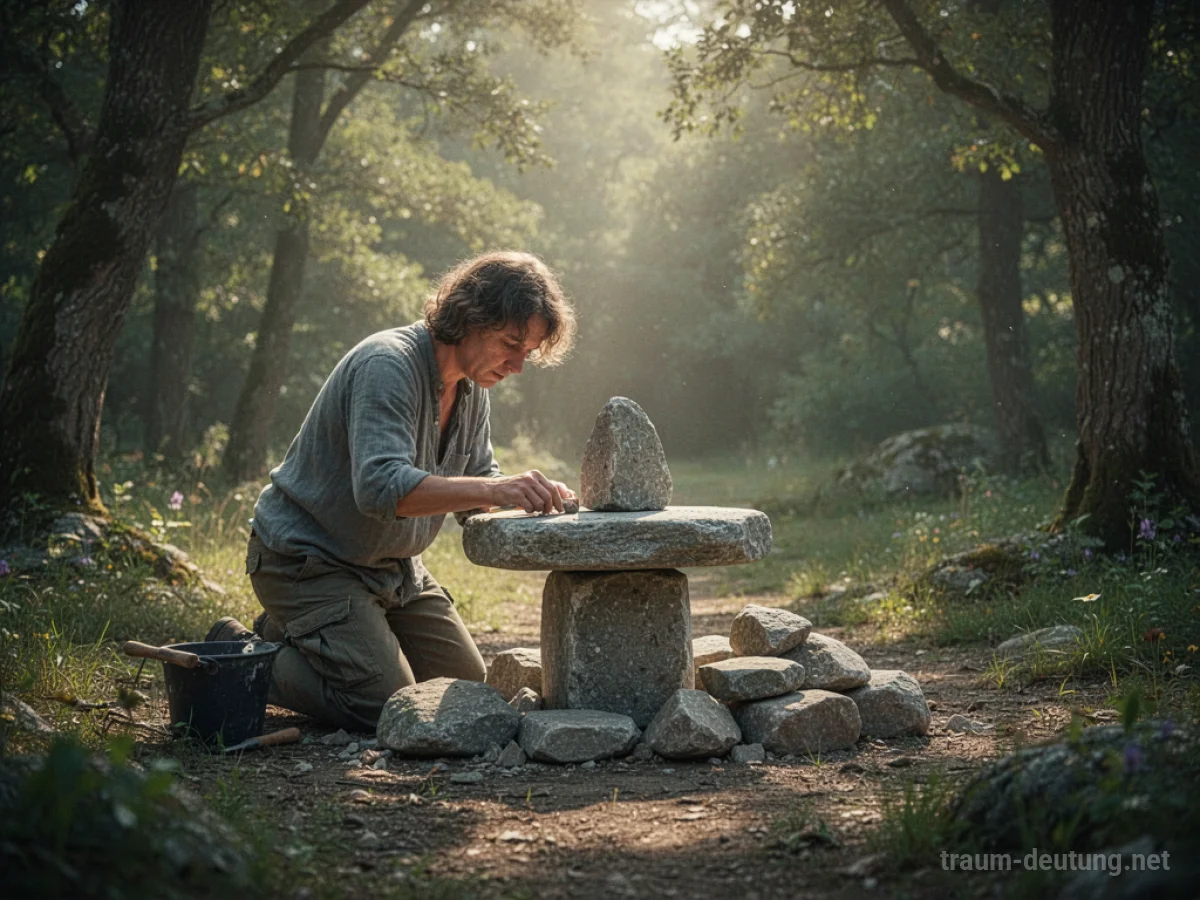 Person baut einen steinernen Altar in ruhiger Naturkulisse.
