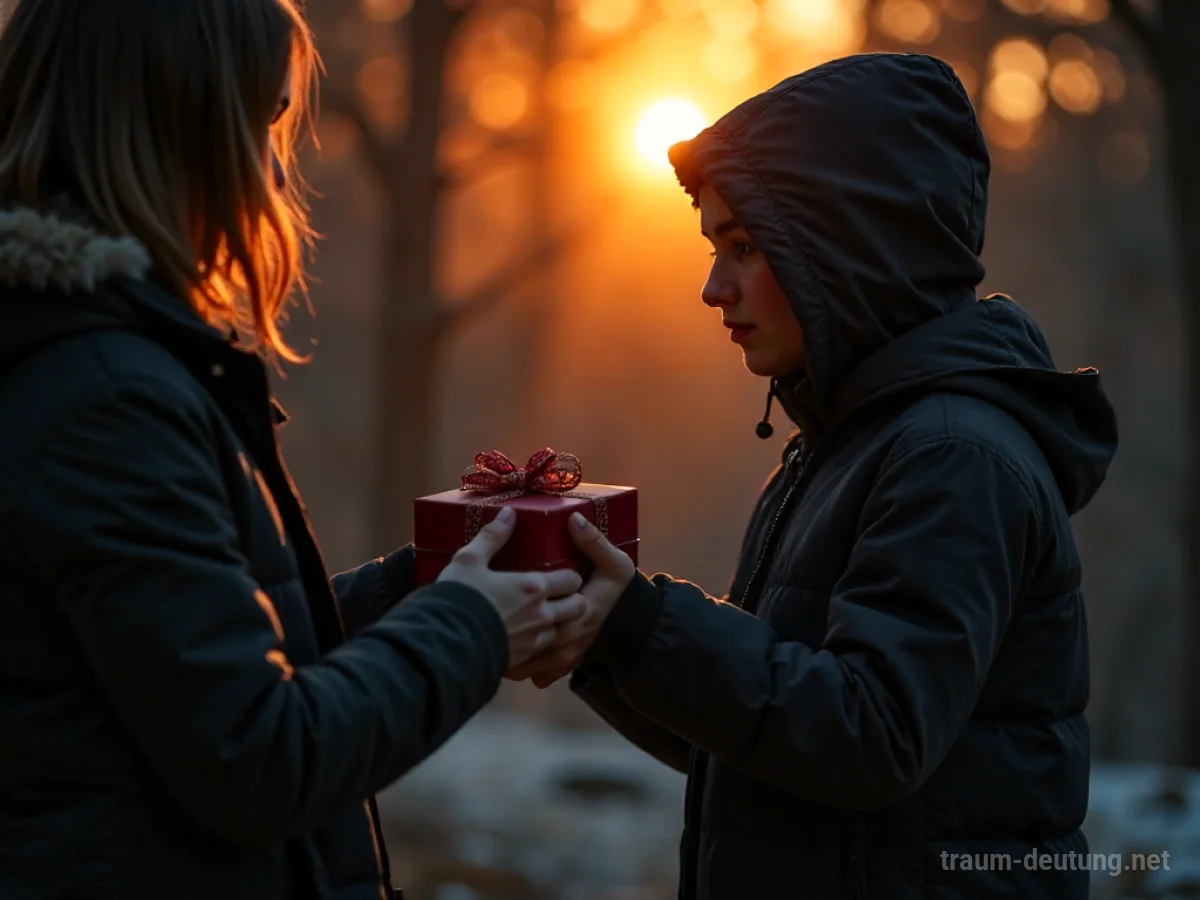 Person erhält einen Anorak als Geschenk, Symbol für Schutz und Wertschätzung.