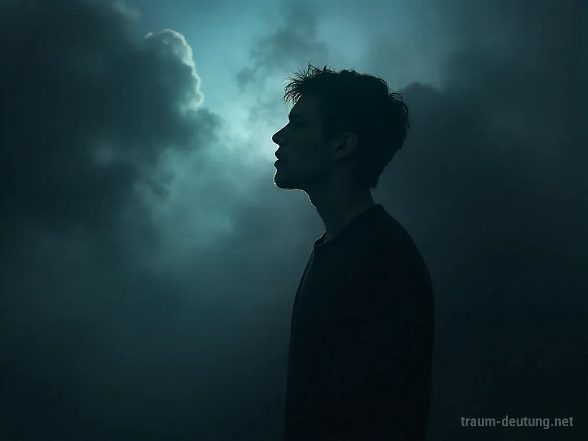 Silhouette einer Person, die im Traum keine Luft bekommt, umgeben von dunklem Nebel