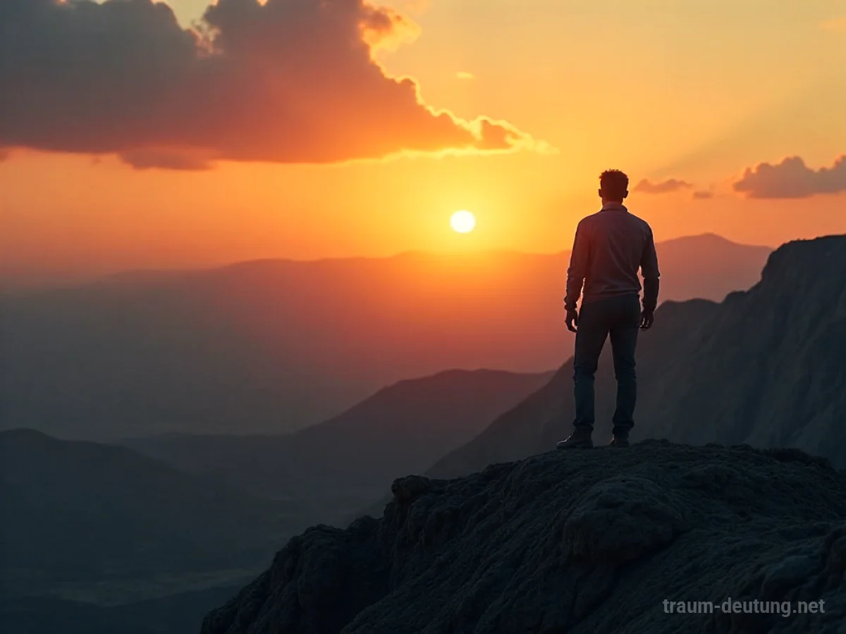 Mann steht am Rand einer weiten Landschaft und blickt auf den Horizont.