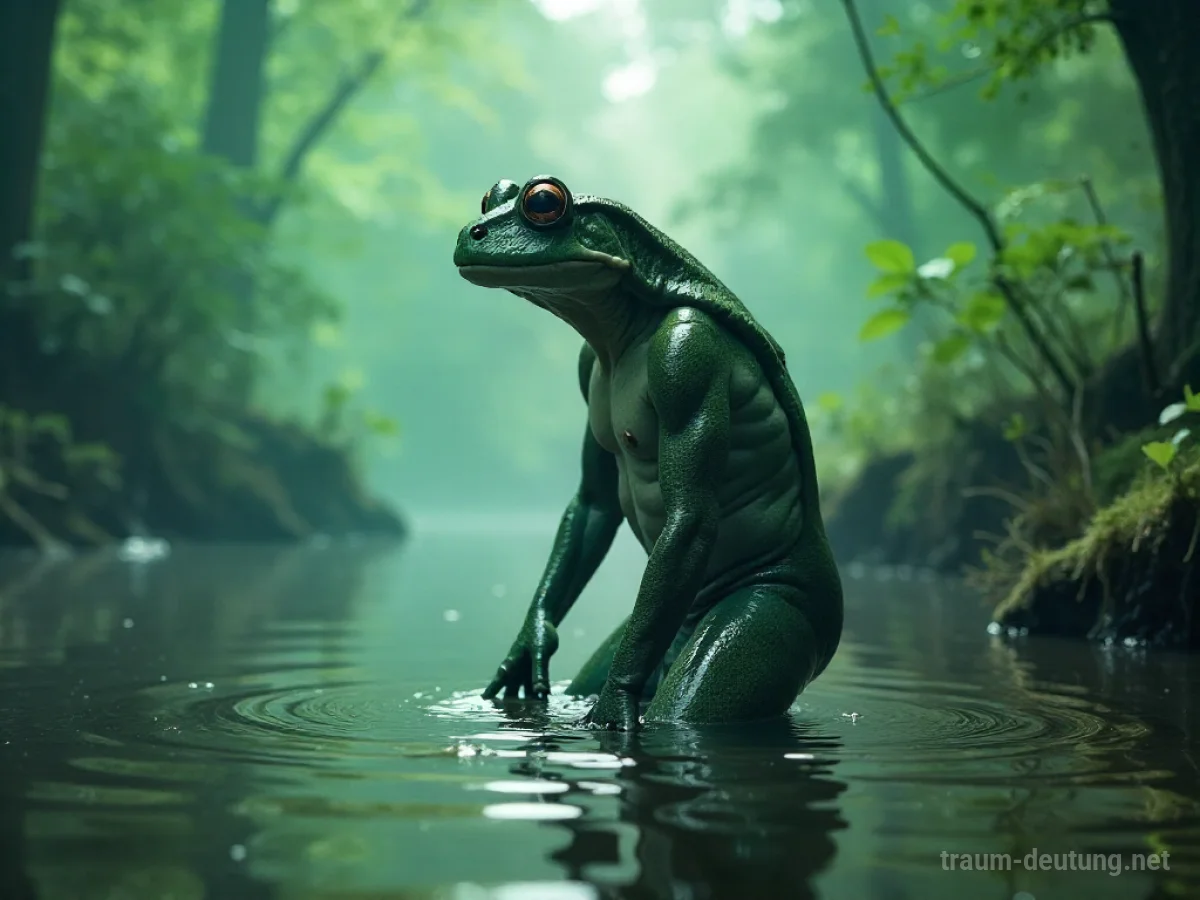 Eine Person verwandelt sich in eine Amphibie am Ufer eines nebeligen Waldes.