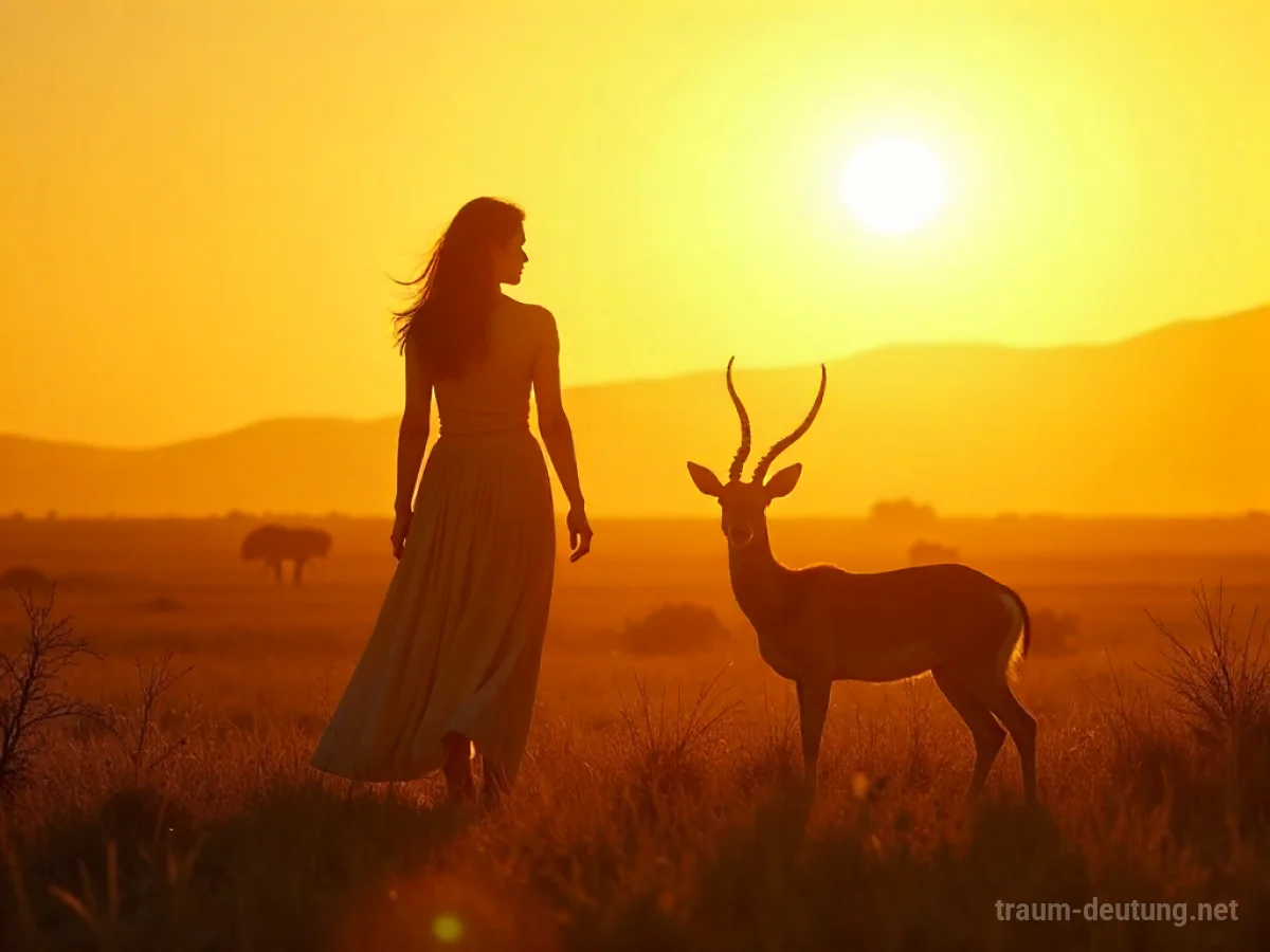 Silhouetten einer Frau verwandelt sich in eine Antilope in der Savanne