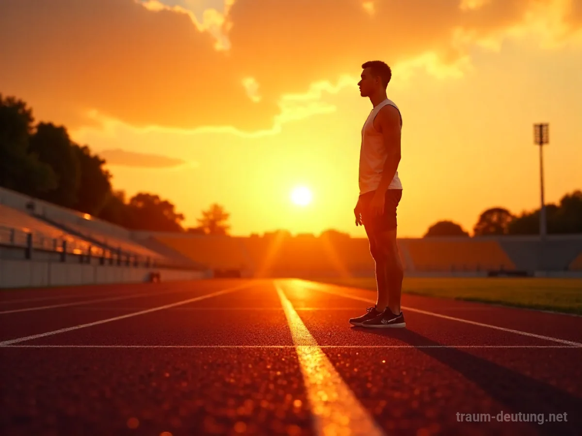 Eine athletische Figur steht auf einer Laufbahn im Morgengrauen.