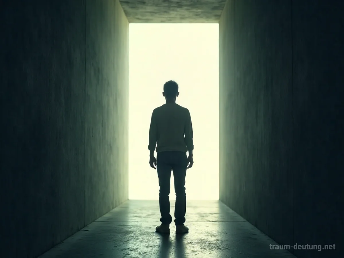 Eine Person steht an einer Schwelle und blickt erwartungsvoll in ein helles Licht.