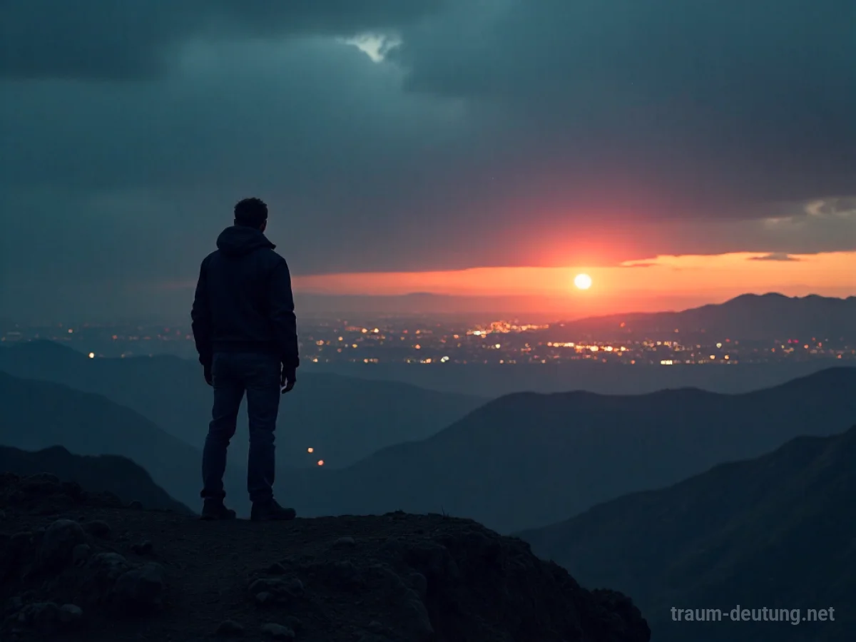 Silhouette einer Person, die auf eine fremde Stadt blickt