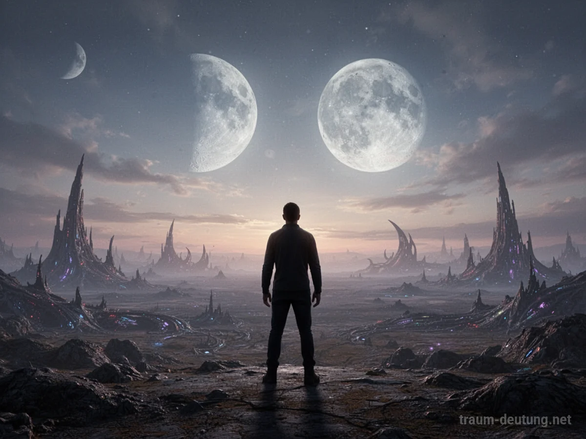 Silhouette einer Person als Alien auf fremder Welt unter zwei Monden