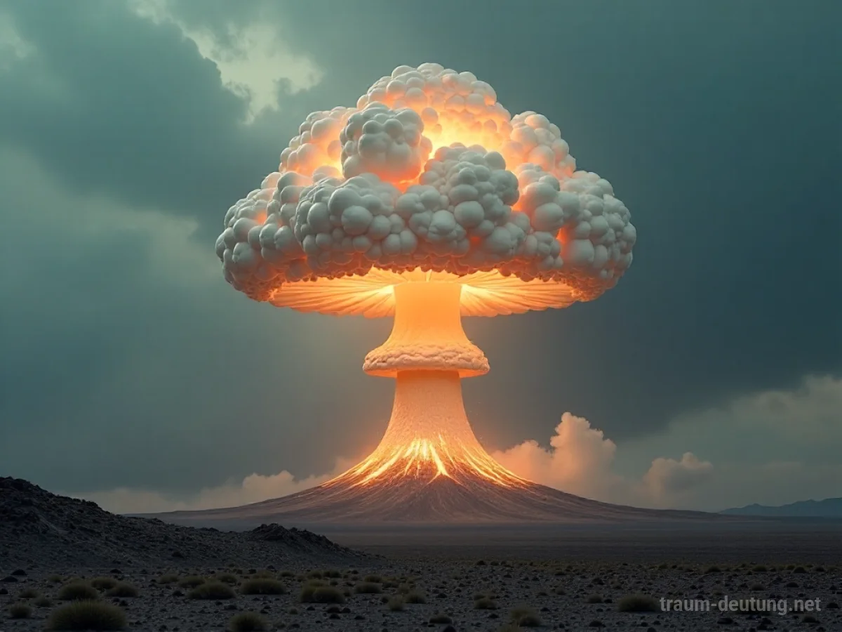 Ein einzelner, stilisierter Atompilz steigt aus einer kargen Landschaft empor.