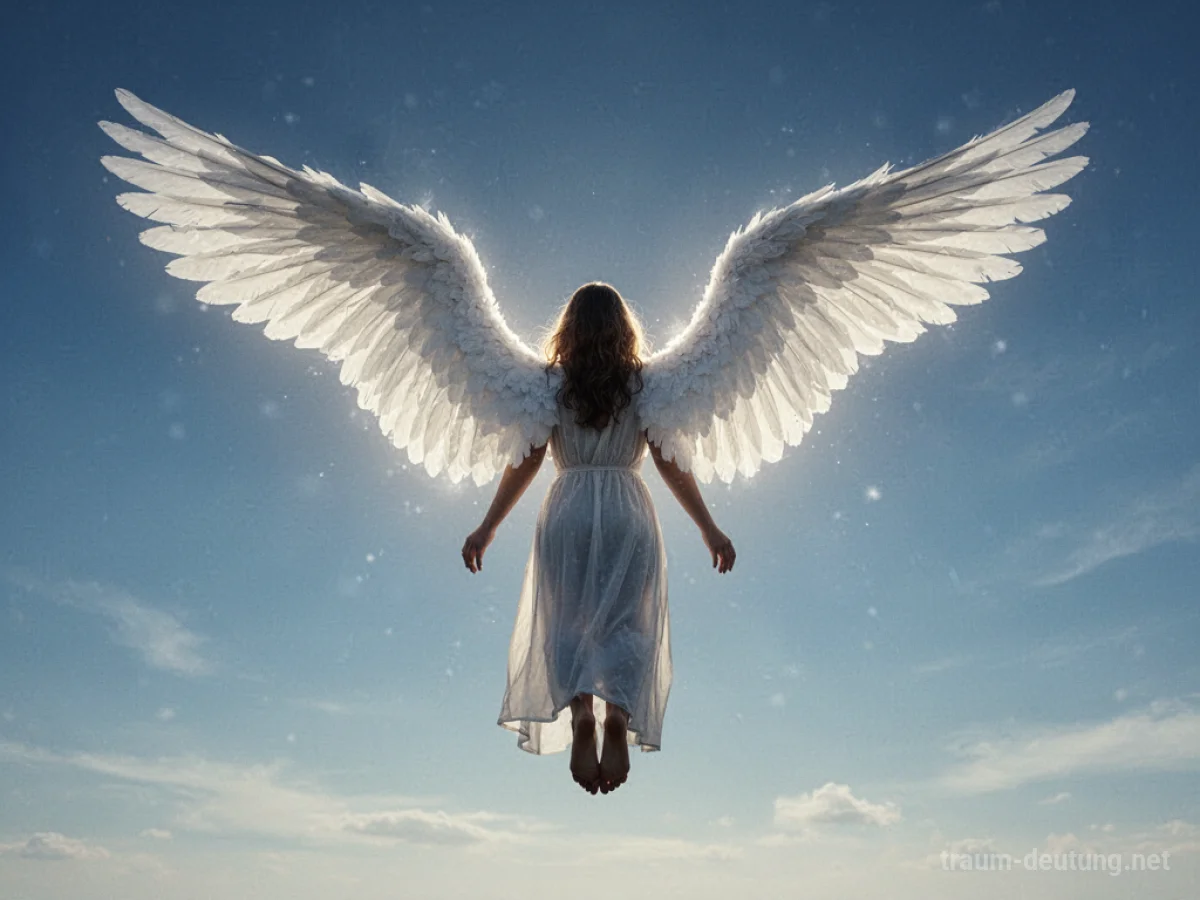 Eine Person mit strahlend weißen Engelsflügeln steigt in den Himmel auf.