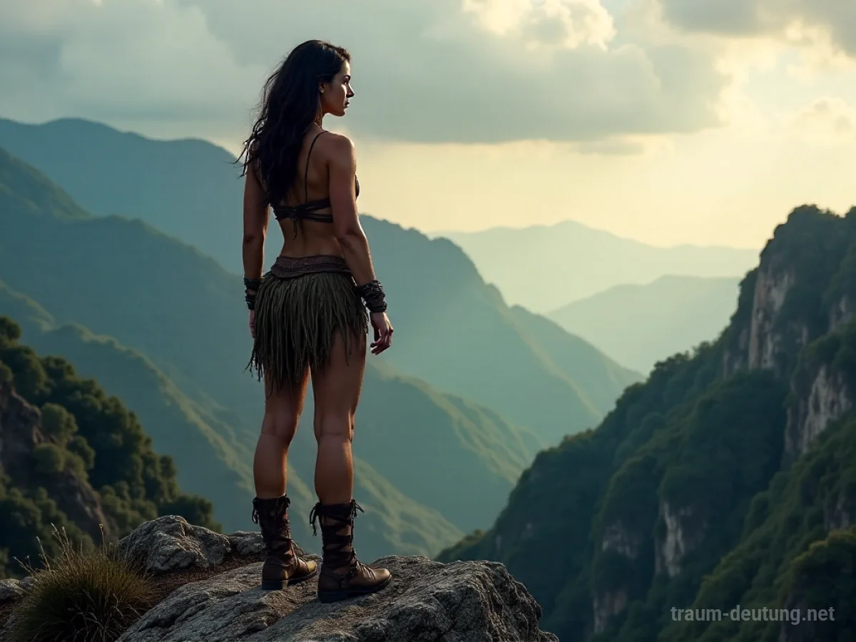 Frau als Amazone steht selbstbewusst auf einem Felsen