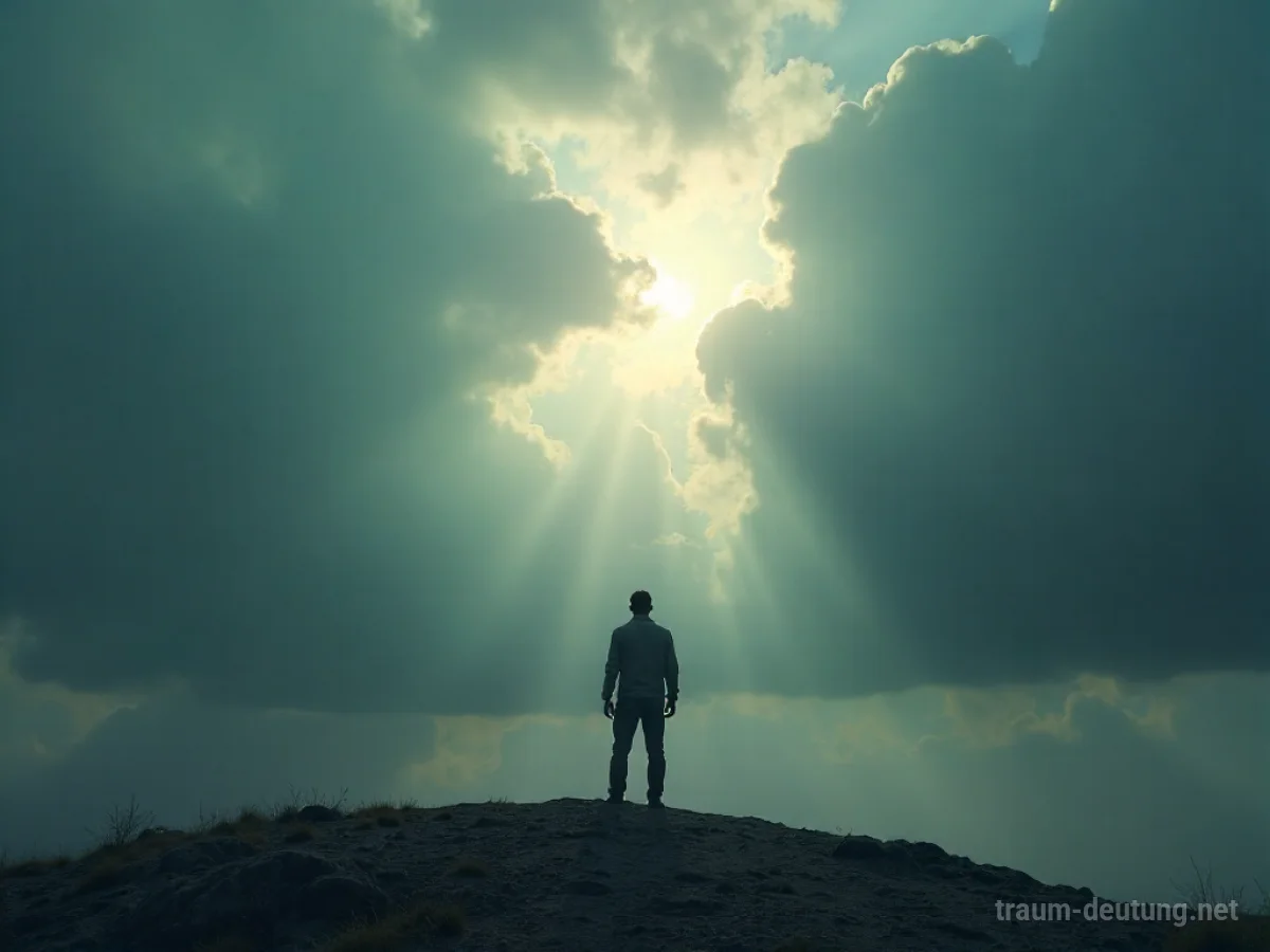 Silhouette einer Person, die sich gegen dunkle Wolken stemmt.
