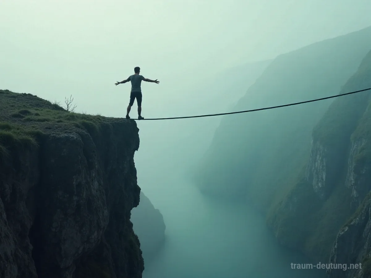 Person balanciert auf einem Seil über einer Schlucht, im Gleichgewicht gestört.