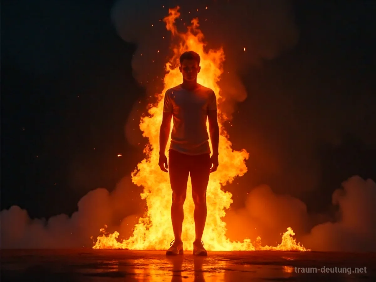 Silhouettenfigur, die lichterloh in hellen, aber nicht zerstörerischen Flammen steht.