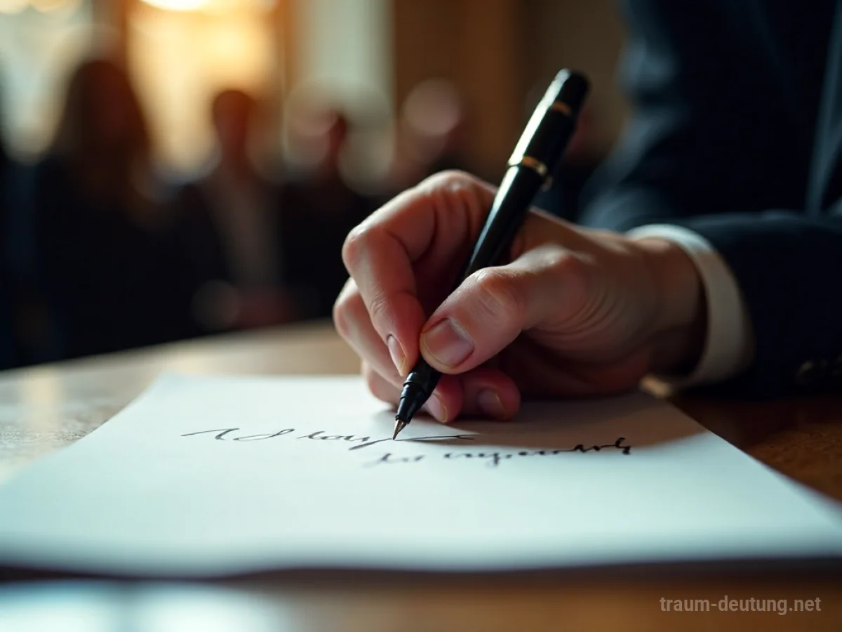 Hand schreibt Autogramm auf Papier, im Hintergrund unscharfe Menge.