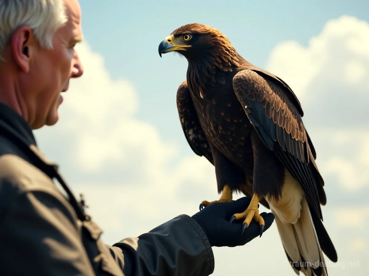 Eine Person hält einen majestätischen Adler auf der behandschuhten Hand.