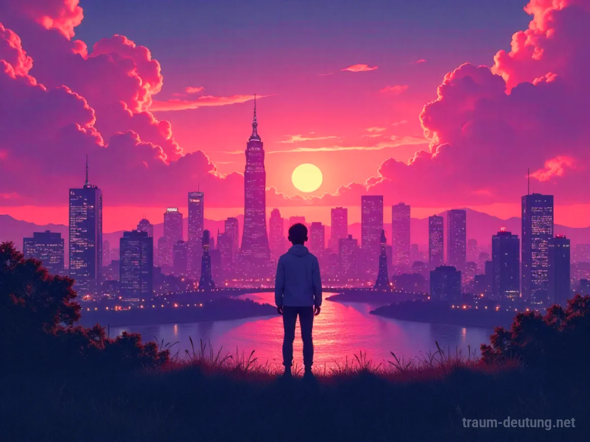 Silhouette einer Person in einer bunten Anime-Landschaft blickt auf eine Stadt.