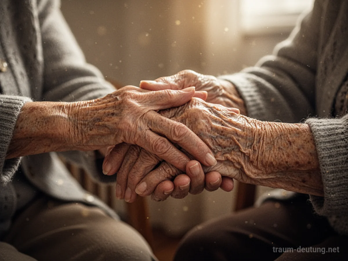 Pflegende Hände über einer faltigen Hand eines alten Menschen
