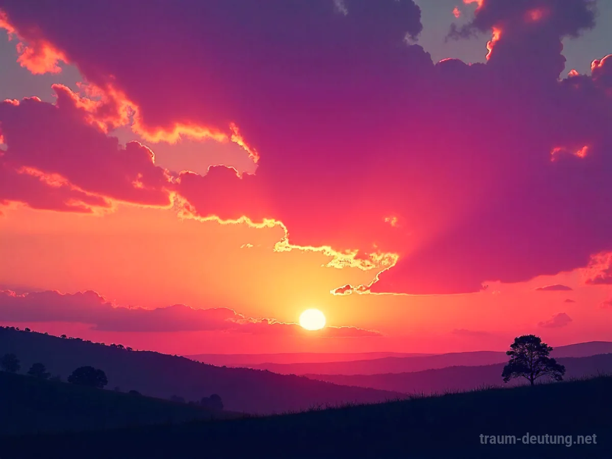 Ein farbenprächtiger Himmel mit Abendrot über einer ruhigen Landschaft.