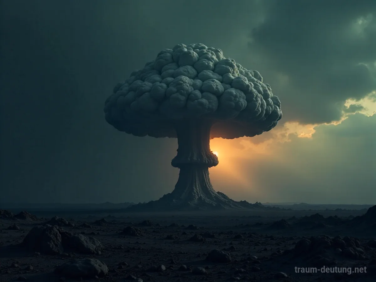 Silhouette einer Atombombenwolke über einer zerstörten Landschaft.