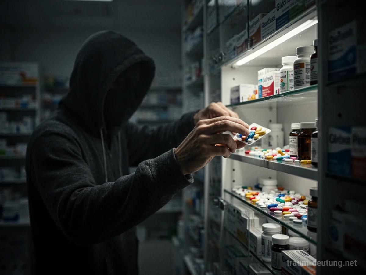 Schattenhafte Figur greift in Apothekenregal nach Medikamenten