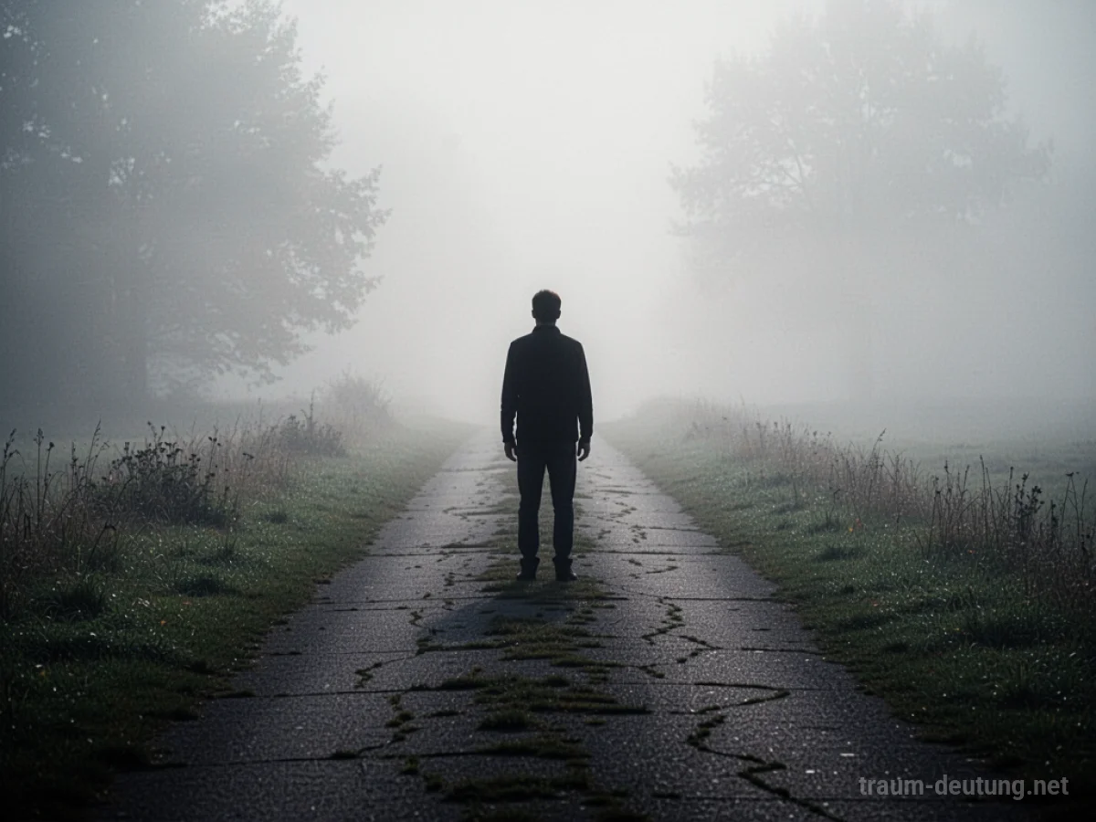Silhouette einer Person auf einem Weg, der im Nebel verschwindet