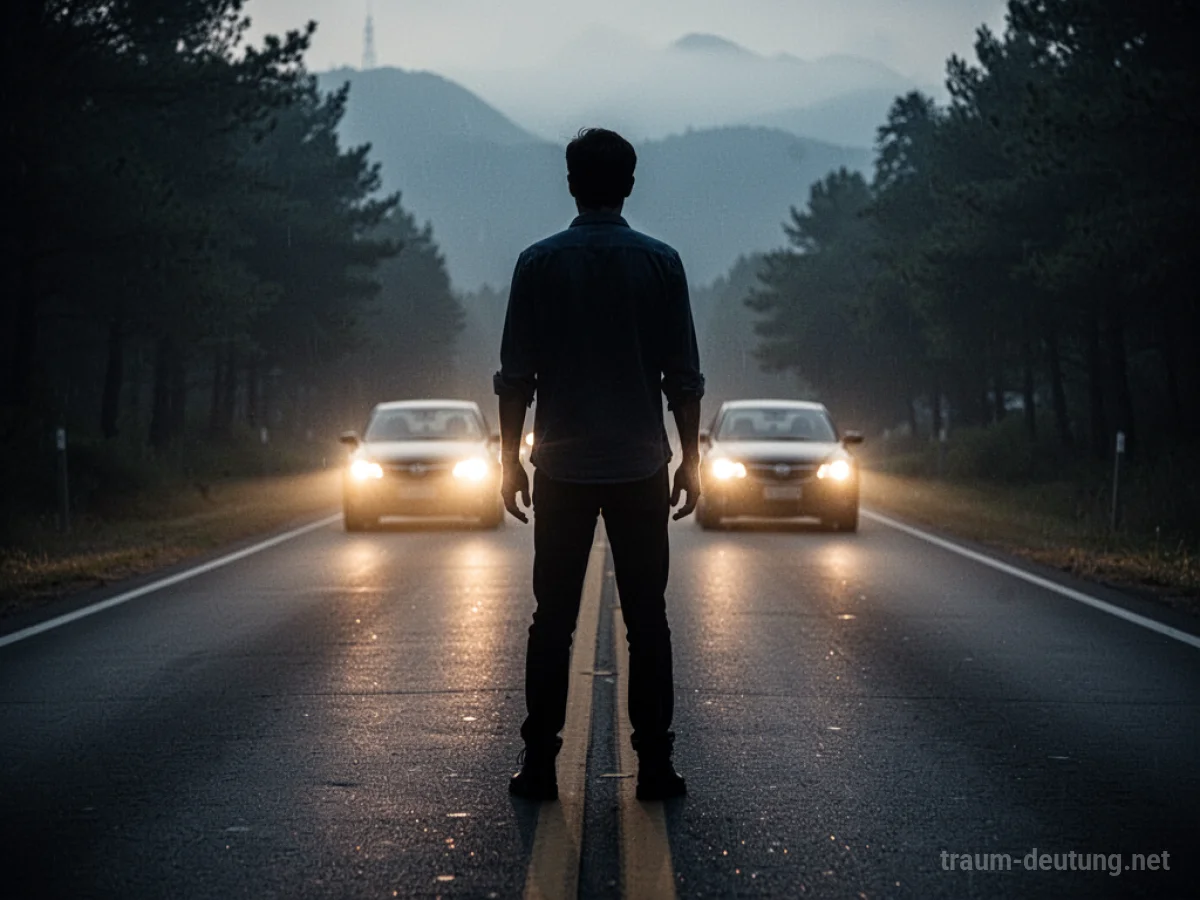 Silhouette einer Person auf einer Straße, der sich Autoscheinwerfer nähern.