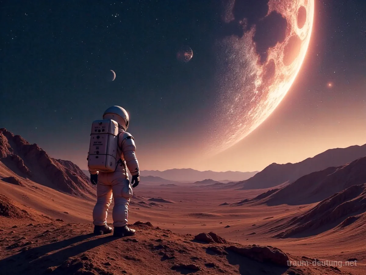Astronaut steht auf fremdem Planeten und blickt in den Sternenhimmel