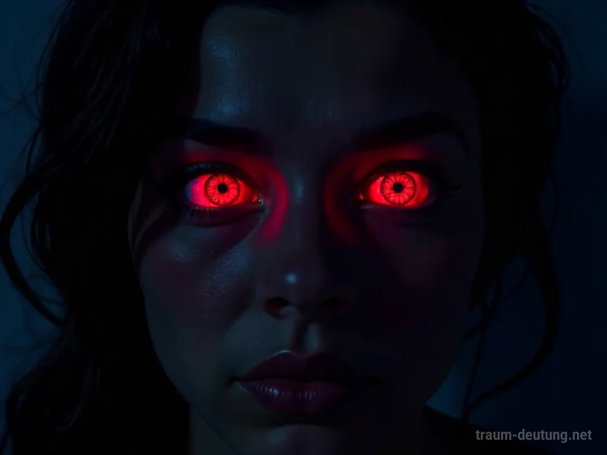 Augen öffnen sich im Dunkeln, beleuchtet von einem roten Alarmlicht.