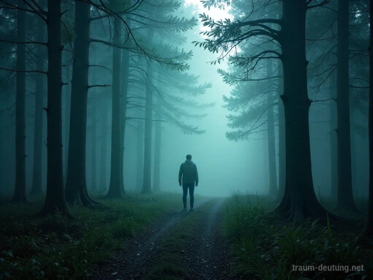Eine Person steht an einer Weggabelung in einem nebligen Wald und sucht nach dem richtigen Weg.