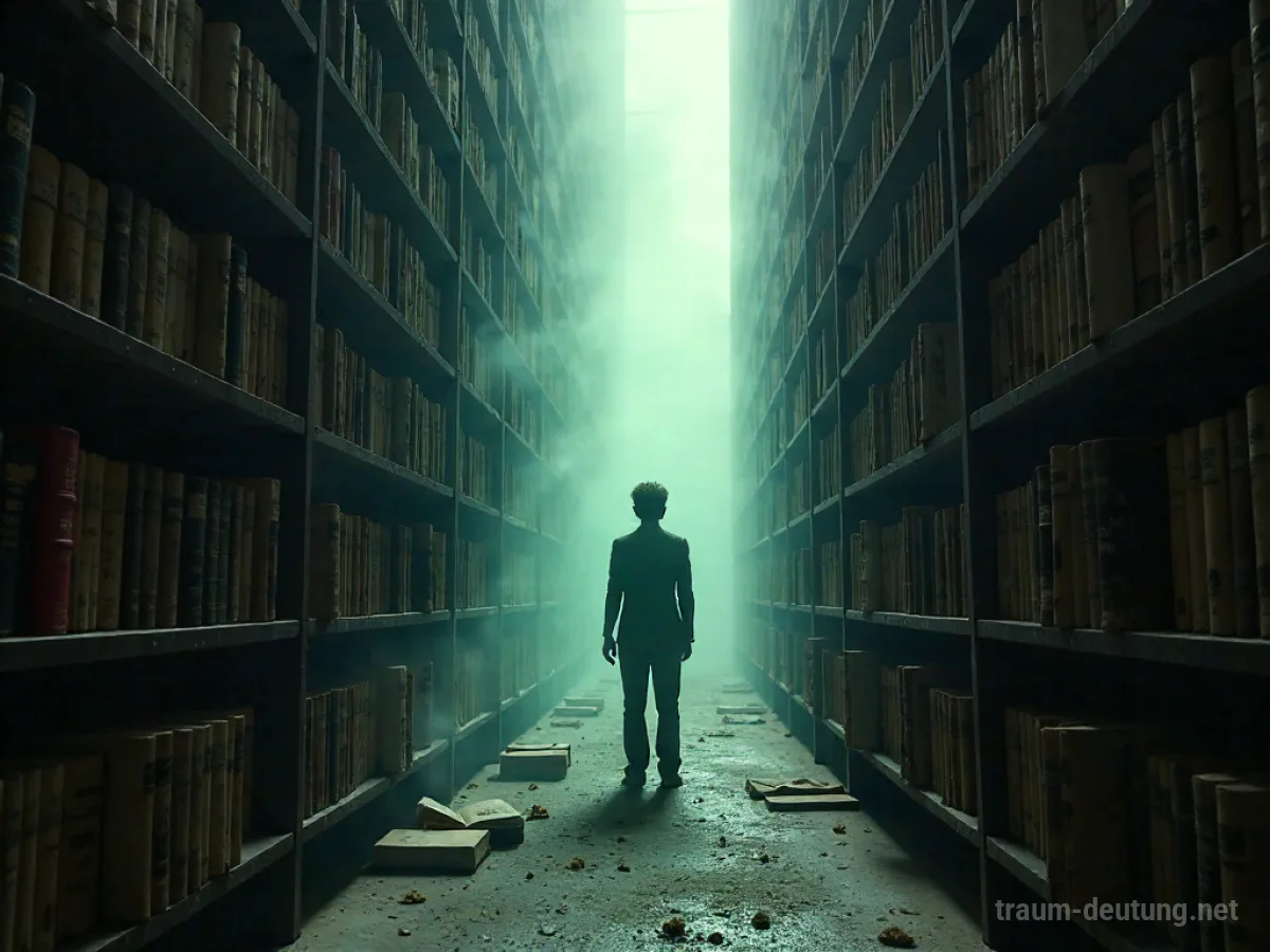 Silhouetten einer Person, gefangen in einem dunklen, riesigen Archiv mit hohen Regalen voller alter Bücher.