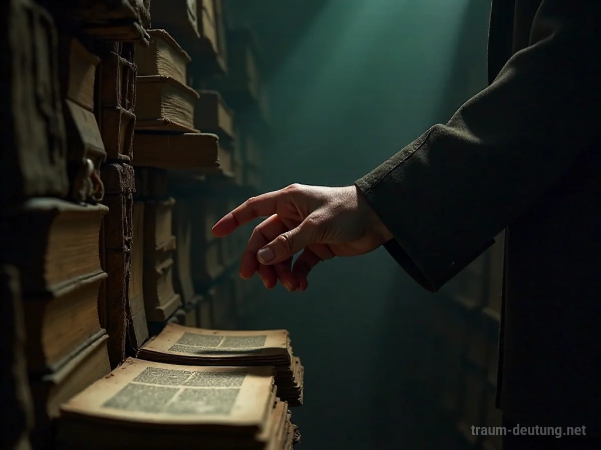 Hand greift nach alten Büchern in einem staubigen Archiv.