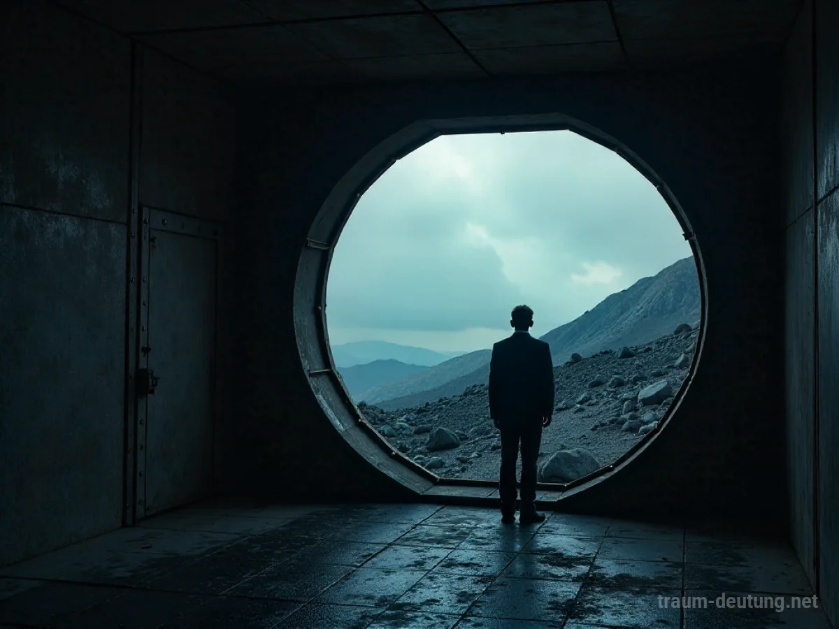 Person blickt aus einem Atombunkerfenster auf eine zerstörte Landschaft.