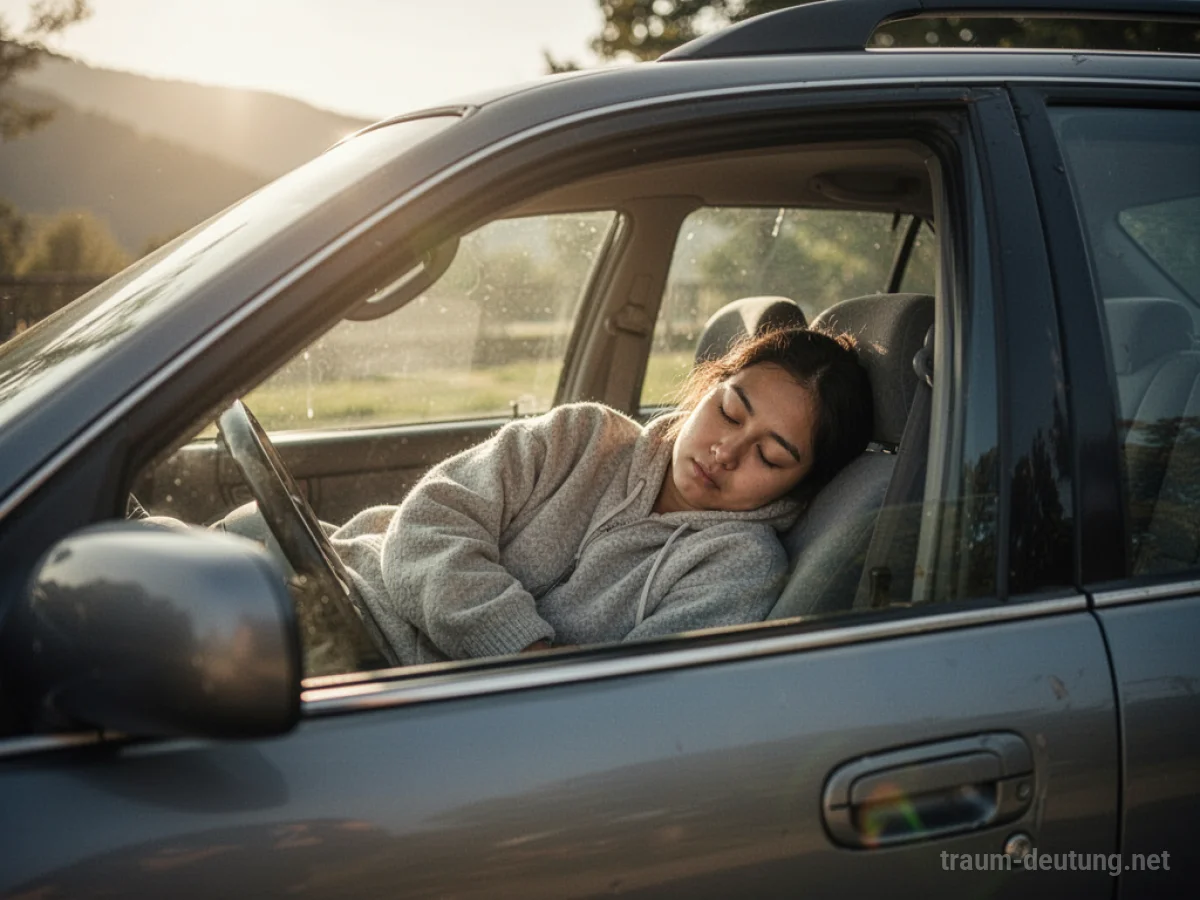 Eine Person schläft friedlich im Auto, das in einer ruhigen Landschaft steht.