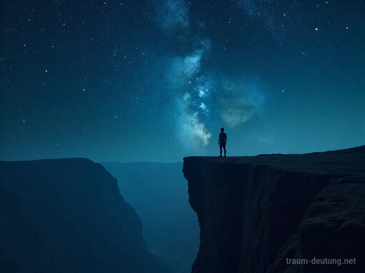 Eine Person steht am Rand eines tiefen Abgrunds unter einem Sternenhimmel.