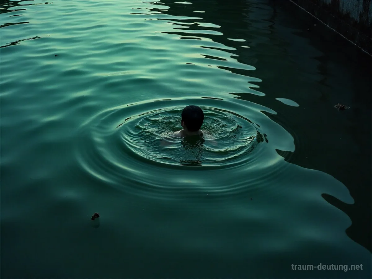 Eine Person schwimmt in trübem, dunklem Abwasser.