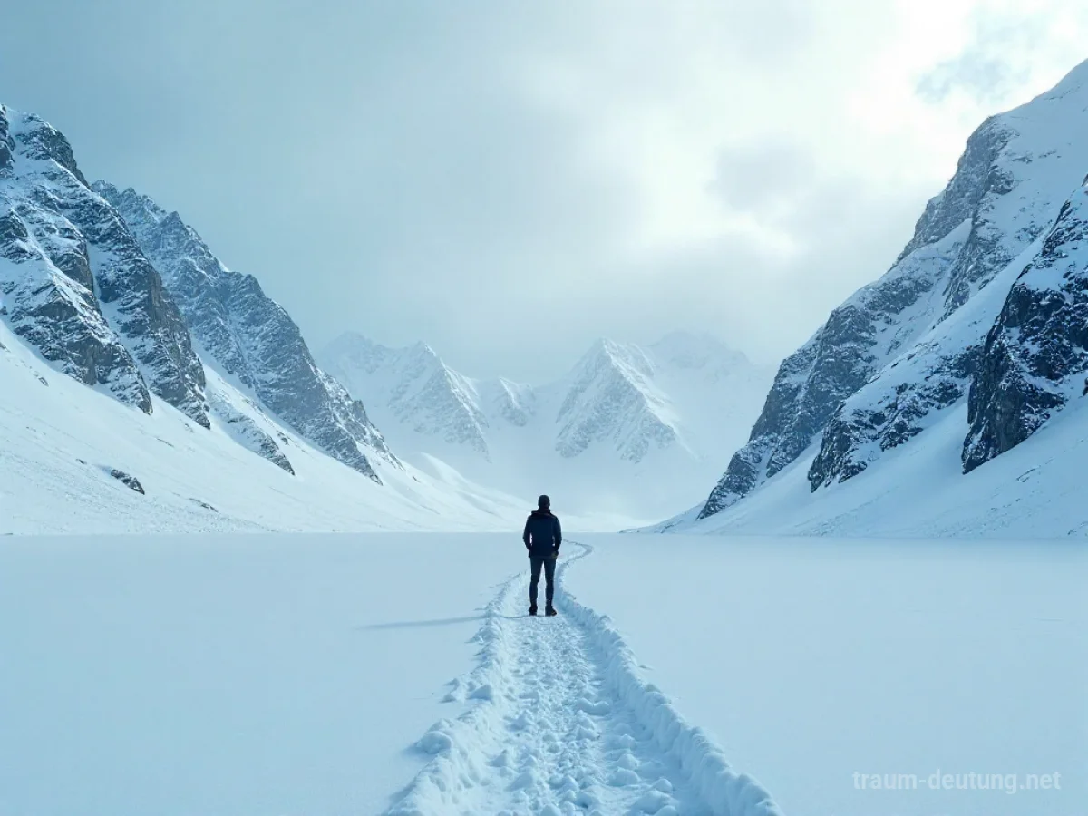 Eine einsame Person, die sich in einer weiten, schneebedeckten Alpenlandschaft verirrt hat.