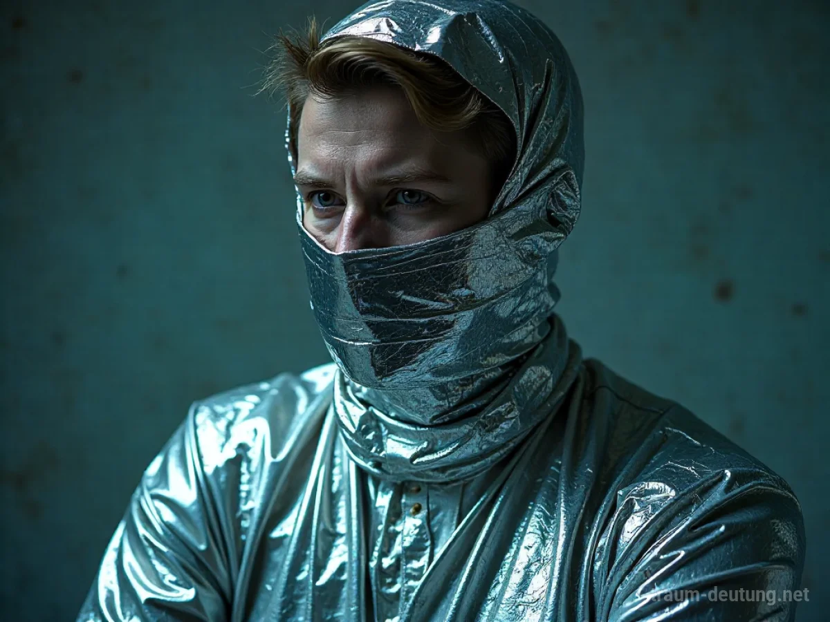 Person in glänzender Aluminiumfolie eingewickelt.