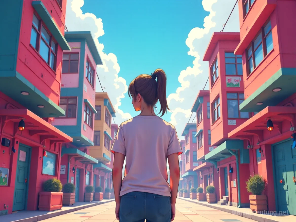 Eine Person steht in einer lebendigen Anime-Stadt mit bunten Gebäuden.