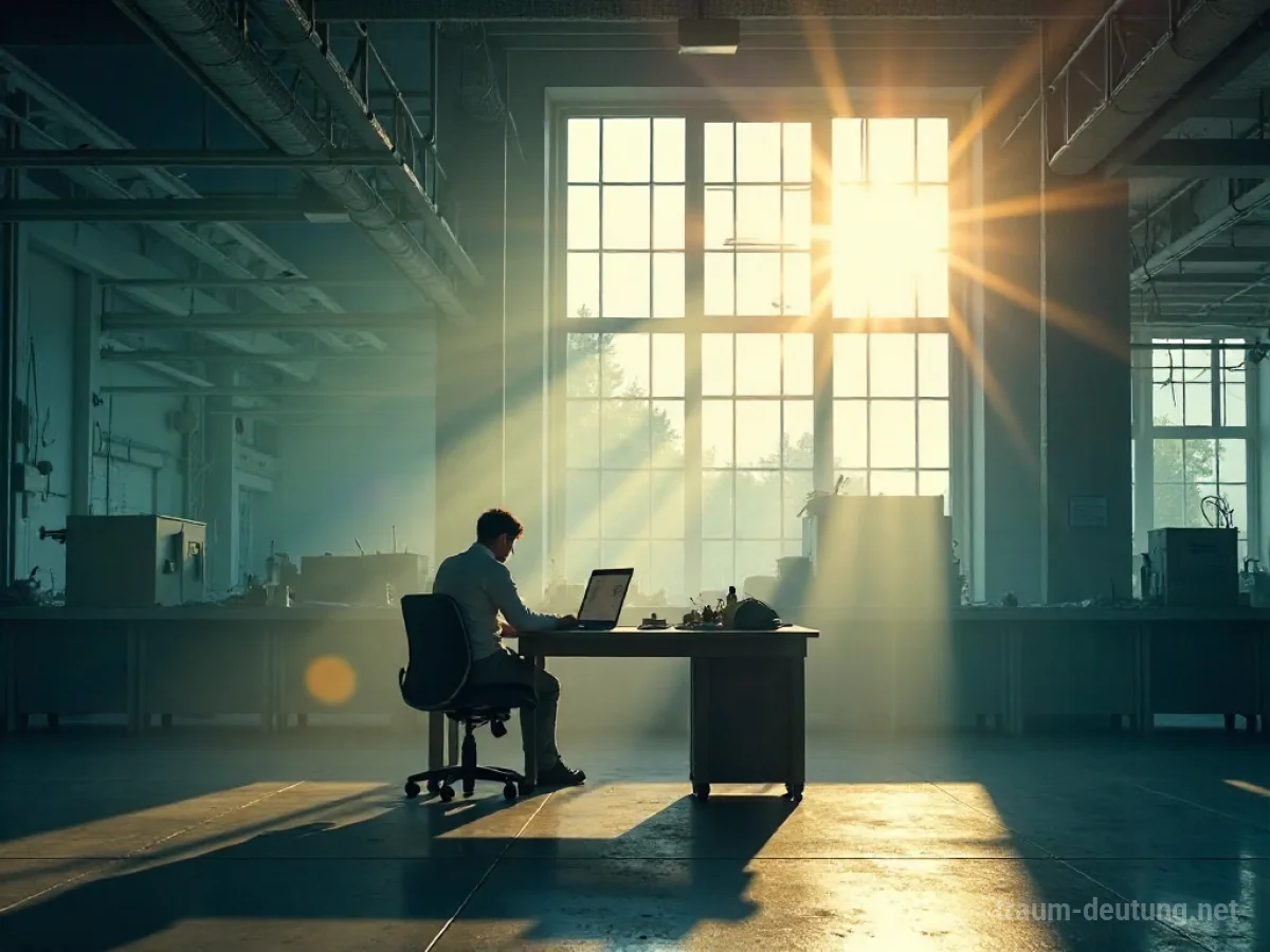 Eine Person arbeitet konzentriert an einem Schreibtisch in einer großen, industriellen Anlage.