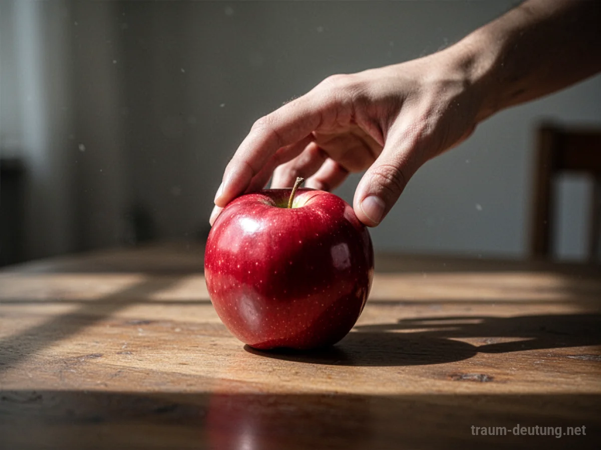 Eine Hand greift nach einem glänzenden roten Apfel auf einem Tisch.