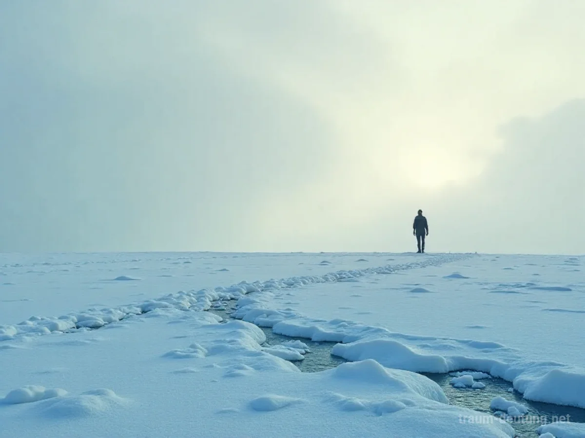 Eine einzelne Person als Silhouette vor einer weiten, eisigen Arktislandschaft.