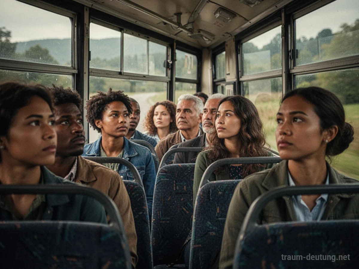 Menschen fahren gemeinsam in einem Autobus durch eine Landschaft.