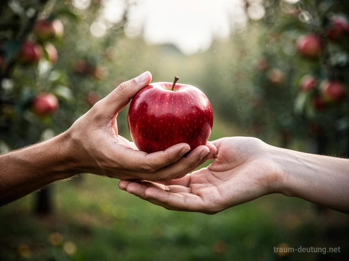 Eine Hand reicht einen roten Apfel, der von einer anderen Hand angenommen wird.
