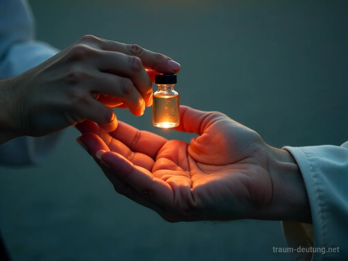 Eine Hand reicht eine kleine Phiole mit Flüssigkeit, die von sanftem Licht beleuchtet wird.