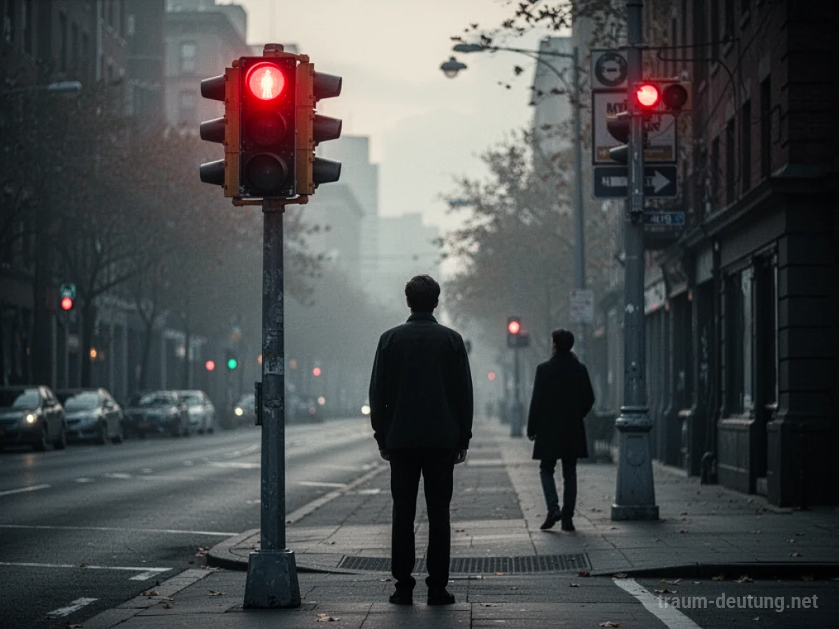 Eine Person steht an einer roten Ampel, während eine andere Person im Hintergrund wartet.