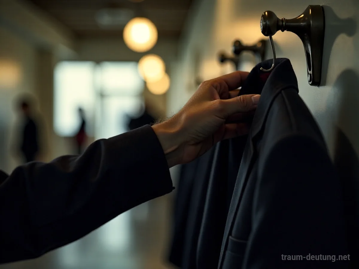 Hand greift nach einem Anorak an einem Haken, unscharfer Hintergrund.