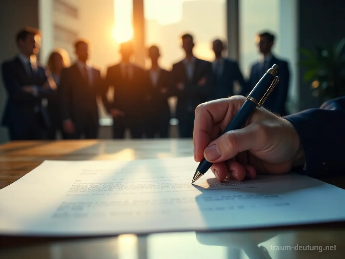 Hand mit Stift bereit zur Unterschrift, im Hintergrund gedrängte Menschenmenge.