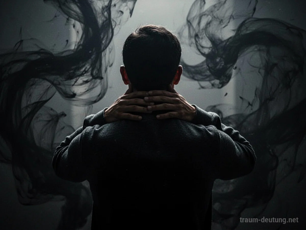 Silhouette einer Person, die einer anderen im Traum die Kehle zuschnürt.