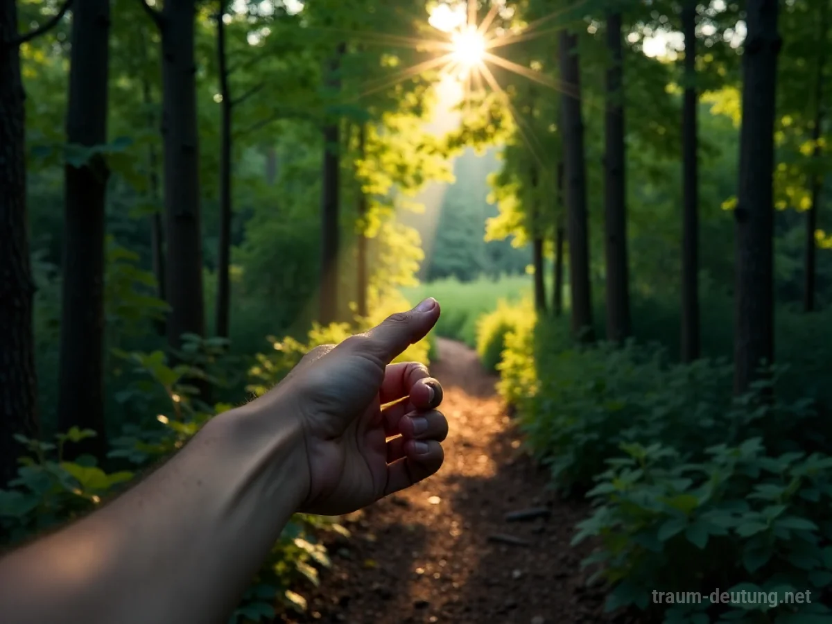 Hand zeigt auf einen verborgenen Pfad im Wald.