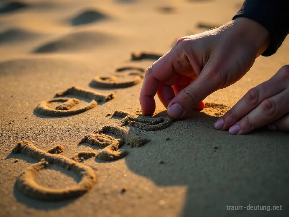 Eine Hand führt eine andere Hand beim Schreiben des Buchstabens 'A' im Sand.