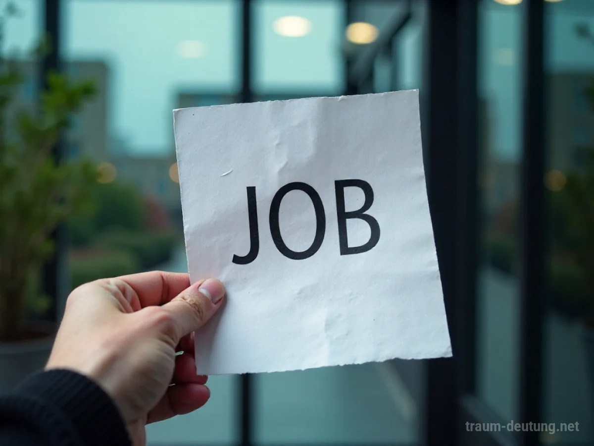 Hand hält zerknüllte Job-Annonce vor unscharfem Bürogebäude